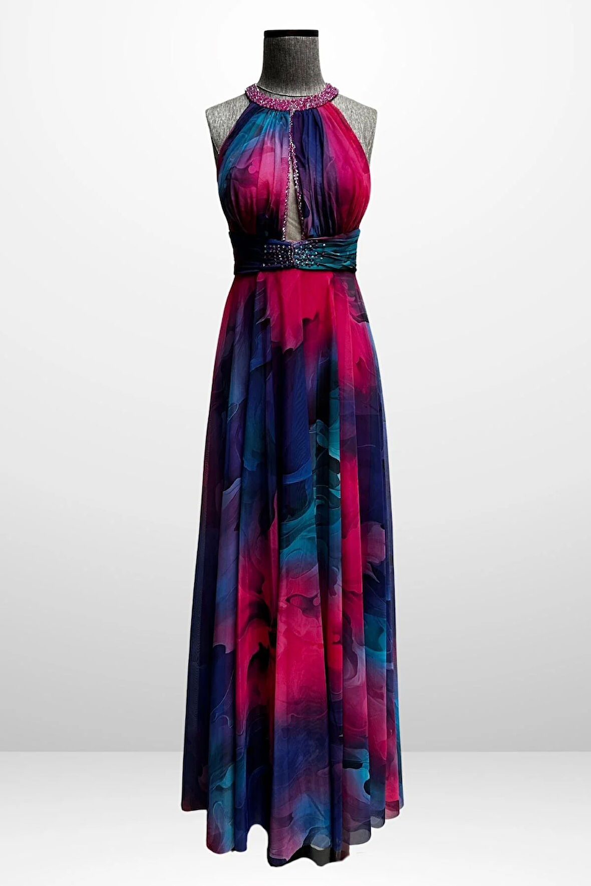 Kadın Önü Drapeli Astarlı Boncuk Detaylı Çiçekli Uzun  Şifon Elbise