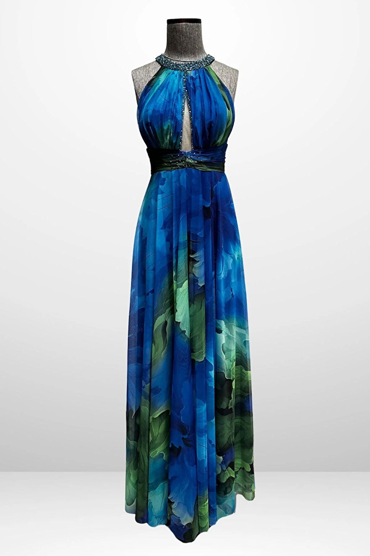 Kadın Önü Drapeli Astarlı Boncuk Detaylı Çiçekli Uzun  Şifon Elbise