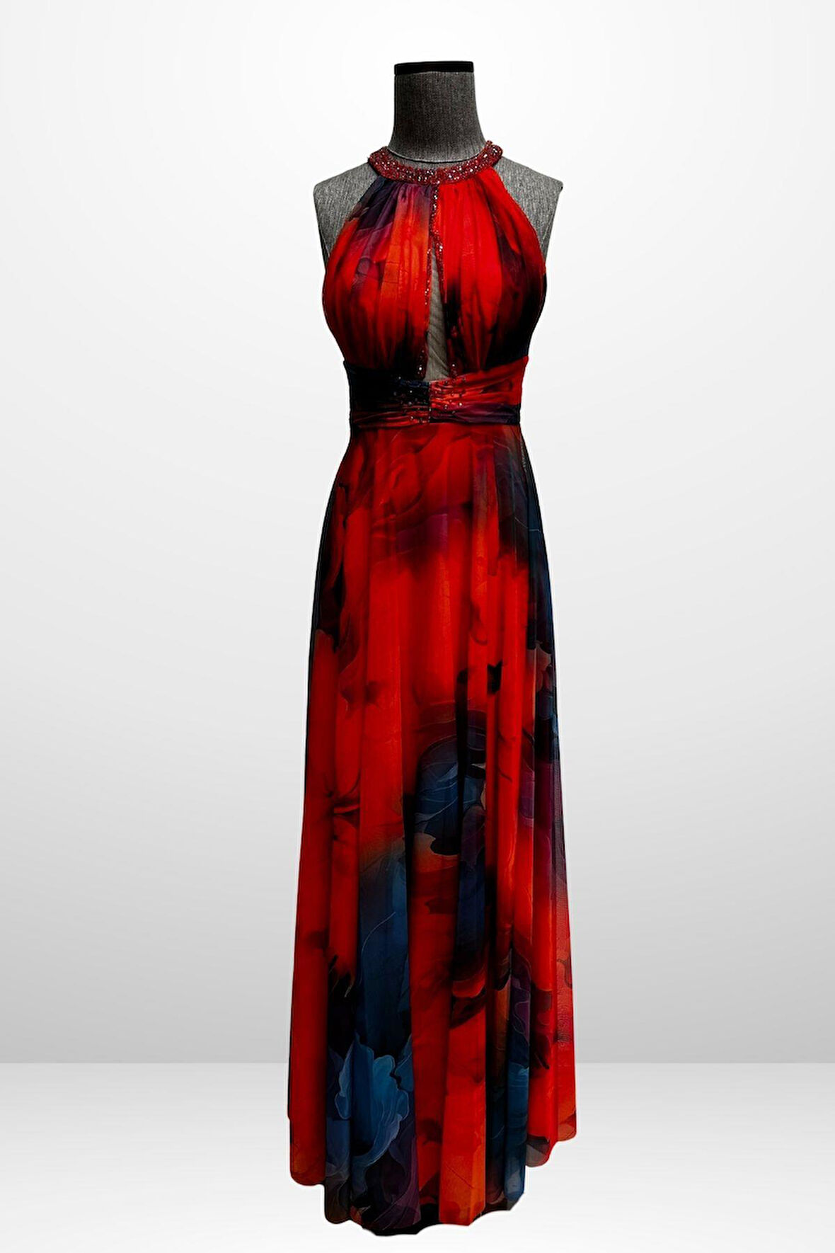 Kadın Önü Drapeli Astarlı Boncuk Detaylı Çiçekli Uzun  Şifon Elbise