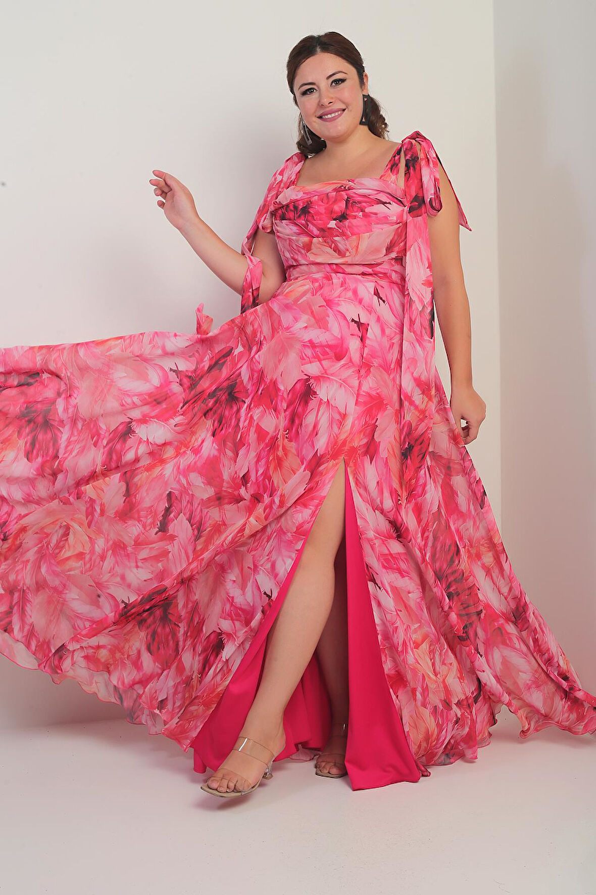 Kadın Degaje Yaka Omuz Bağlamalı Astarlı Yaprak Desenli Büyük Beden Krep Şifon Uzun Elbise