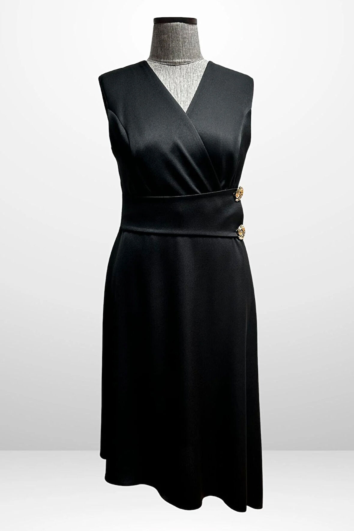 Kadın Kruvaze Yaka Düğme Detaylı Asimetrik Büyük Beden Krep Saten Elbise