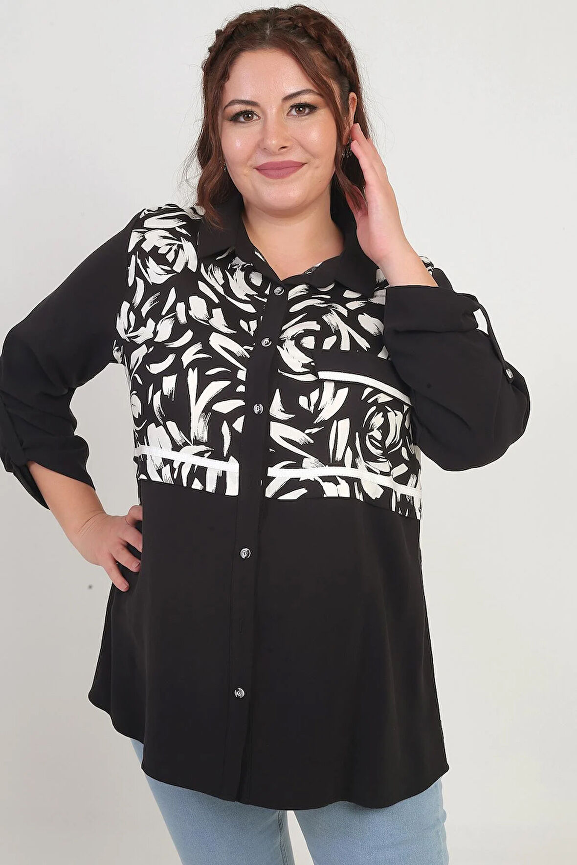 Kadın Kol Katlamalı Fırça Desenli Cep Kapaklı Büyük Beden Gömlek