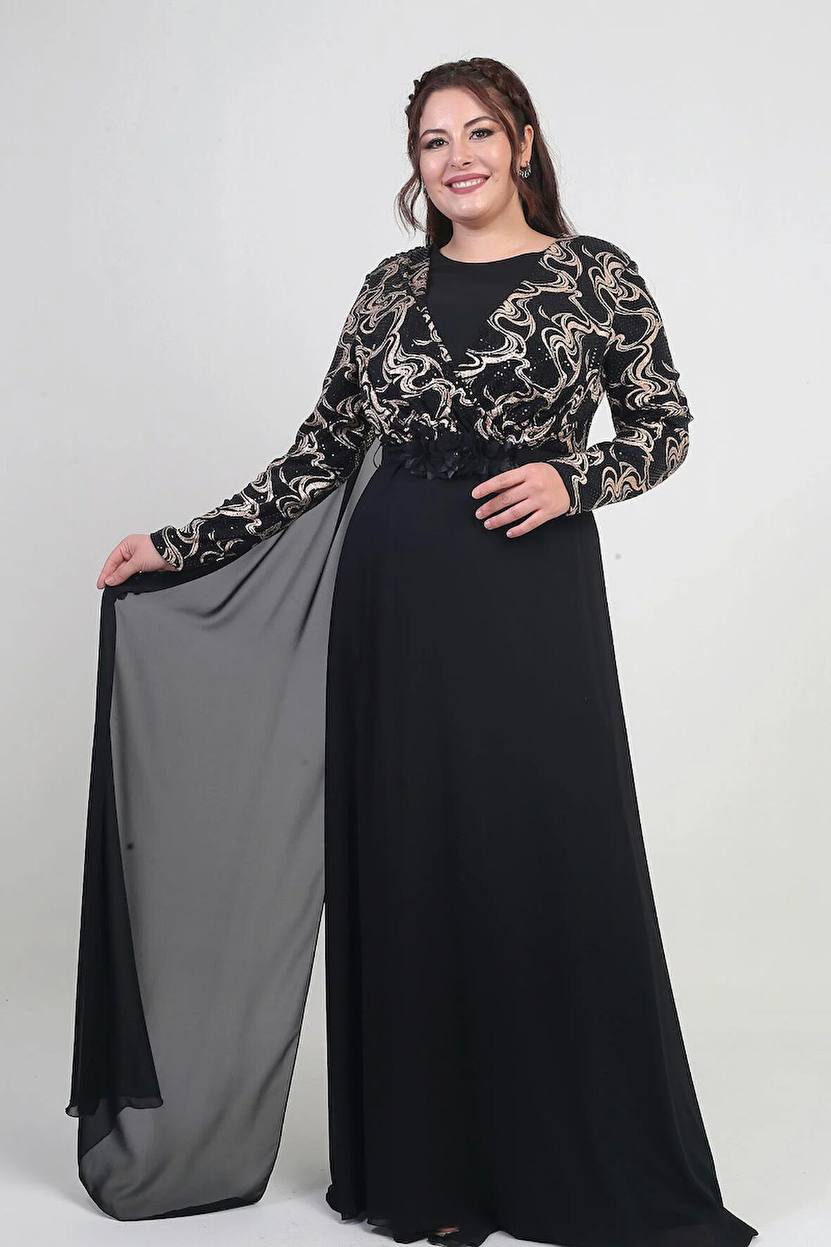 Kadın Kruvaze Yaka Görünümlü Pullu Astarlı Şifon Uzun B.B. Elbise