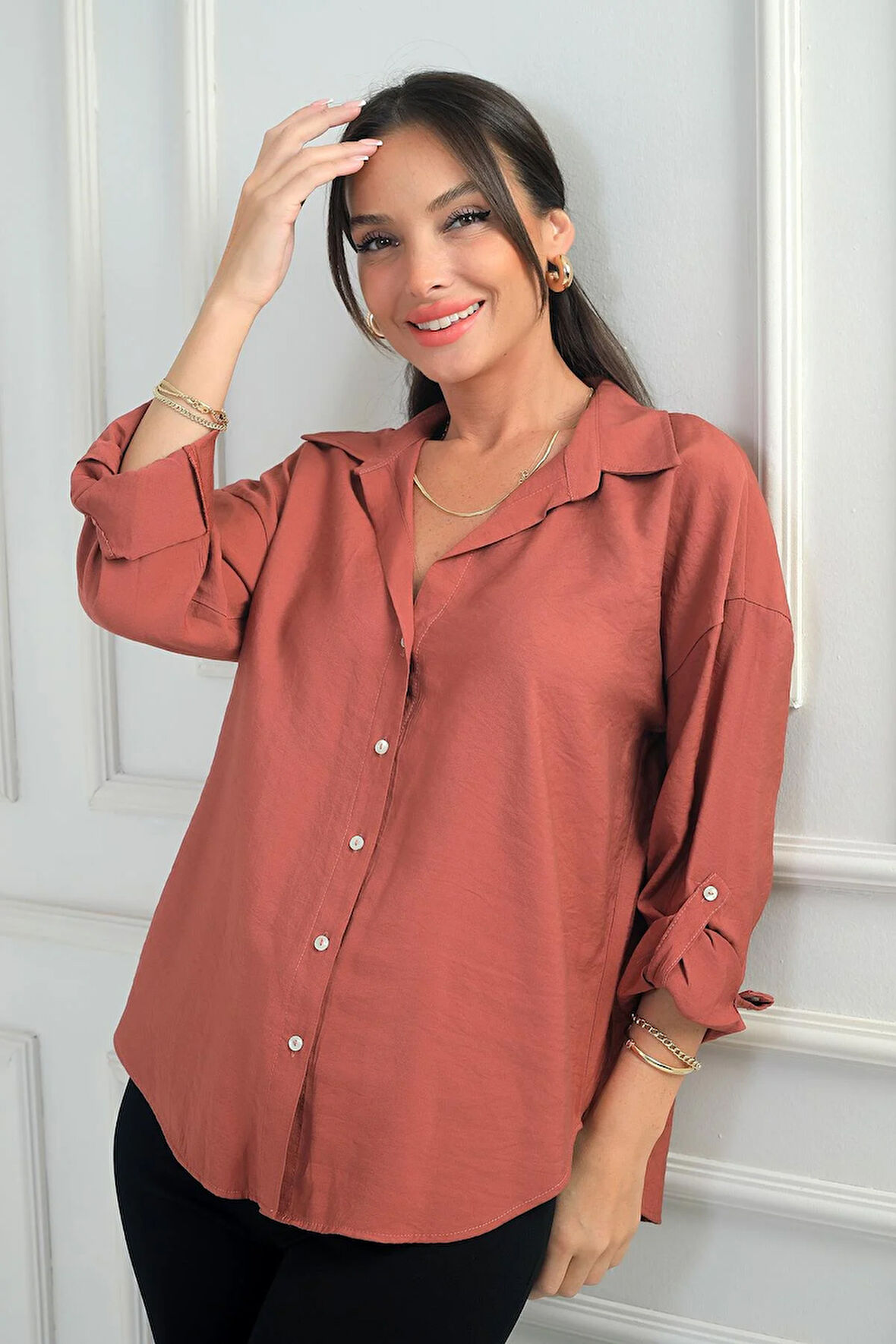 Kadın Kol Katlamalı Lyocell Gömlek