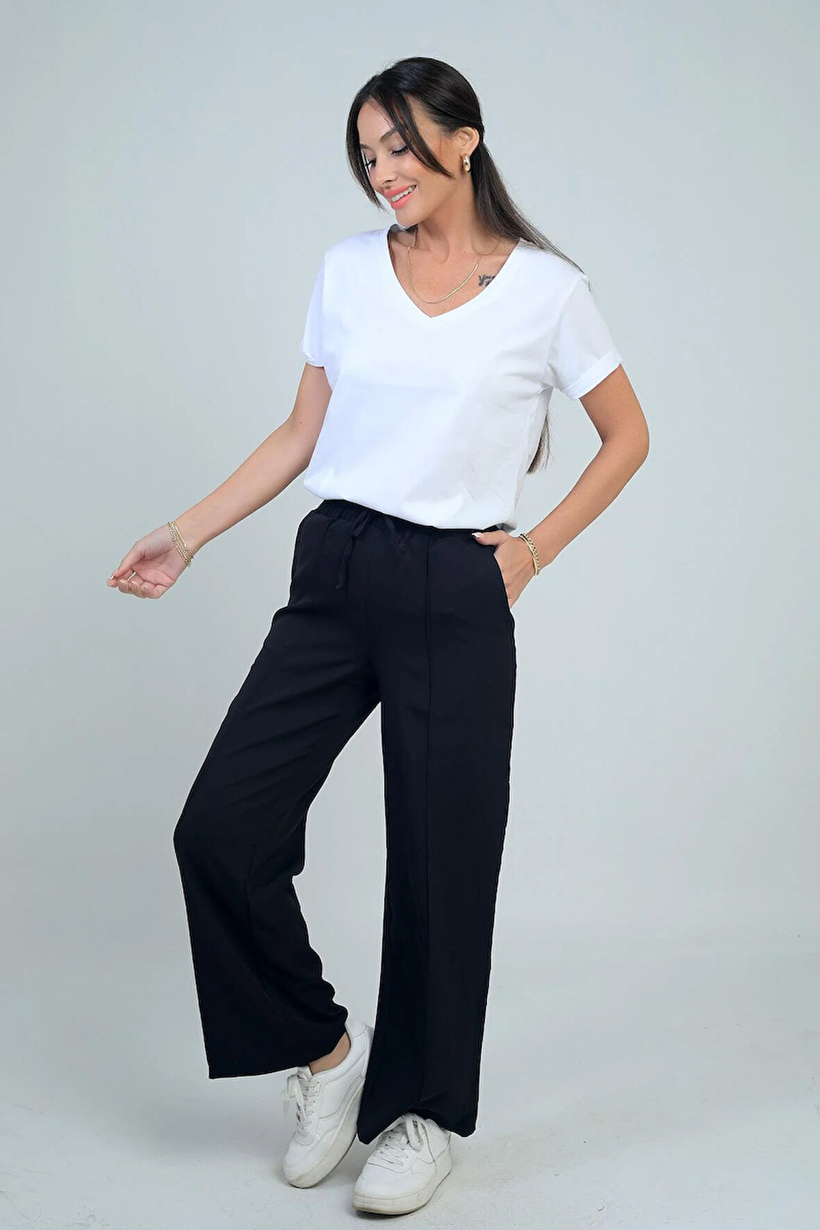 Kadın Beli Lastikli Bağcıklı Yandan Cepli Palazzo Pantolon