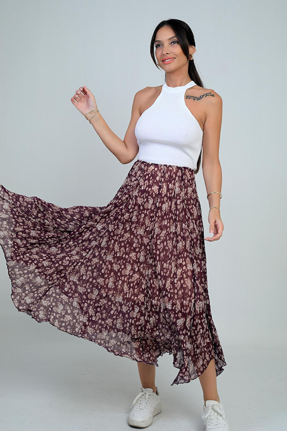 Kadın Beli Lastikli Astarlı Mini Çiçekli Midi Kraşlı Üçgen  Etek