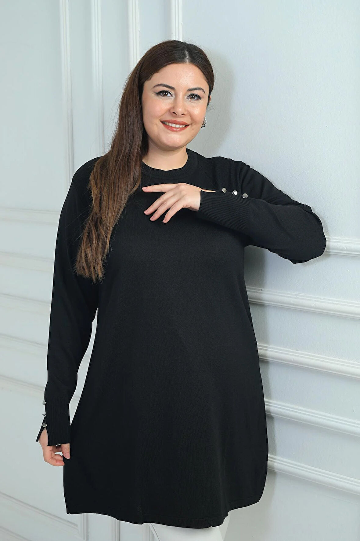 Kadın Ön Yanlar Saç Örgülü Büyük Beden Soğuk İplik Tunik Bluz