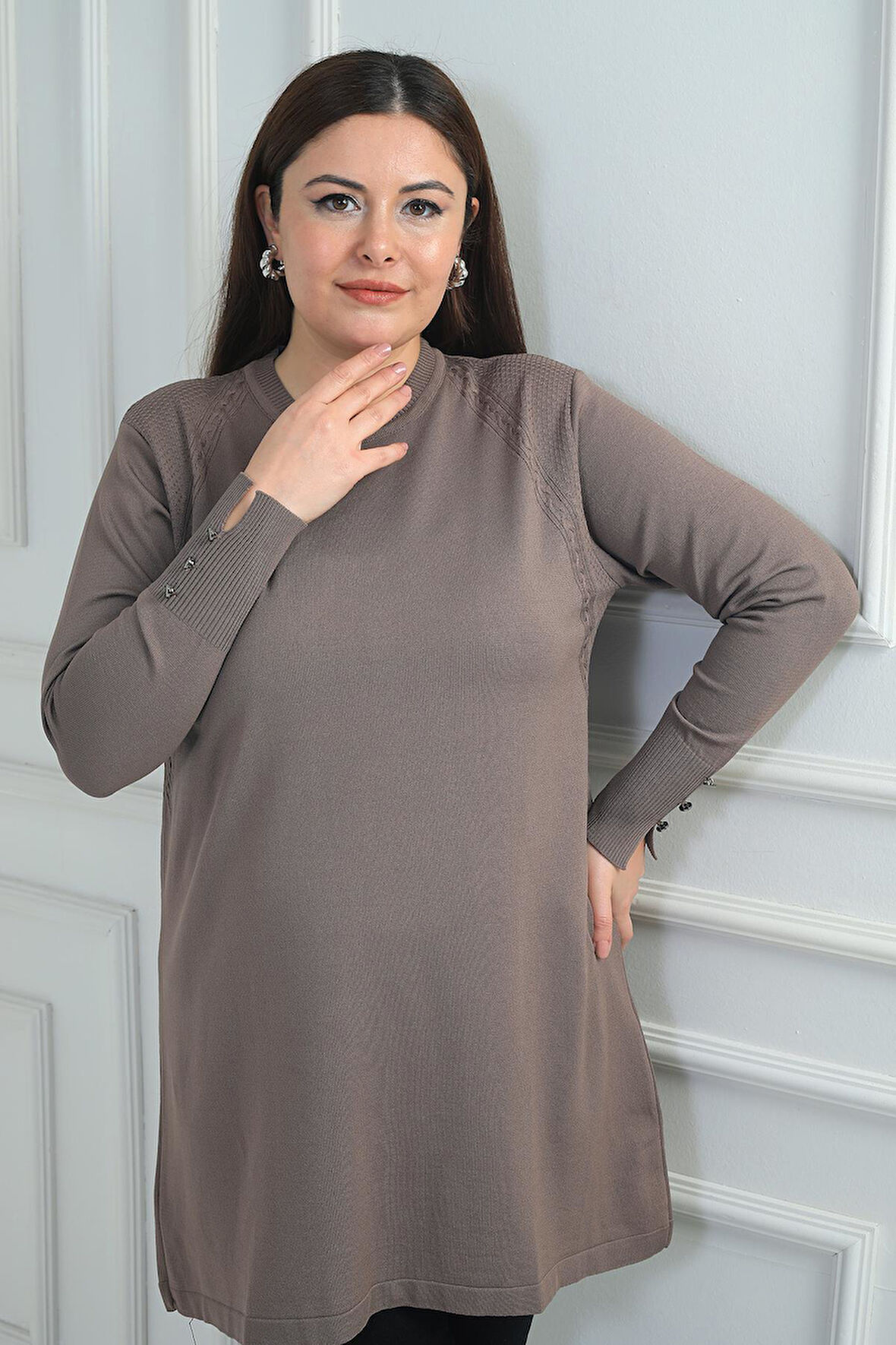 Kadın Ön Yanlar Saç Örgülü Büyük Beden Soğuk İplik Tunik Bluz