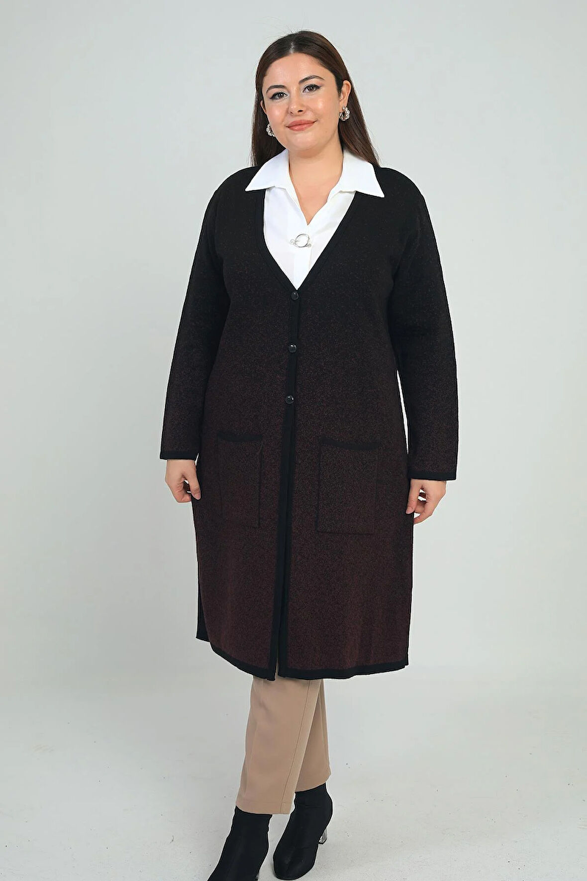 Kadın Karyağdı Desen Cepli Büyük Beden Triko Uzun Hırka