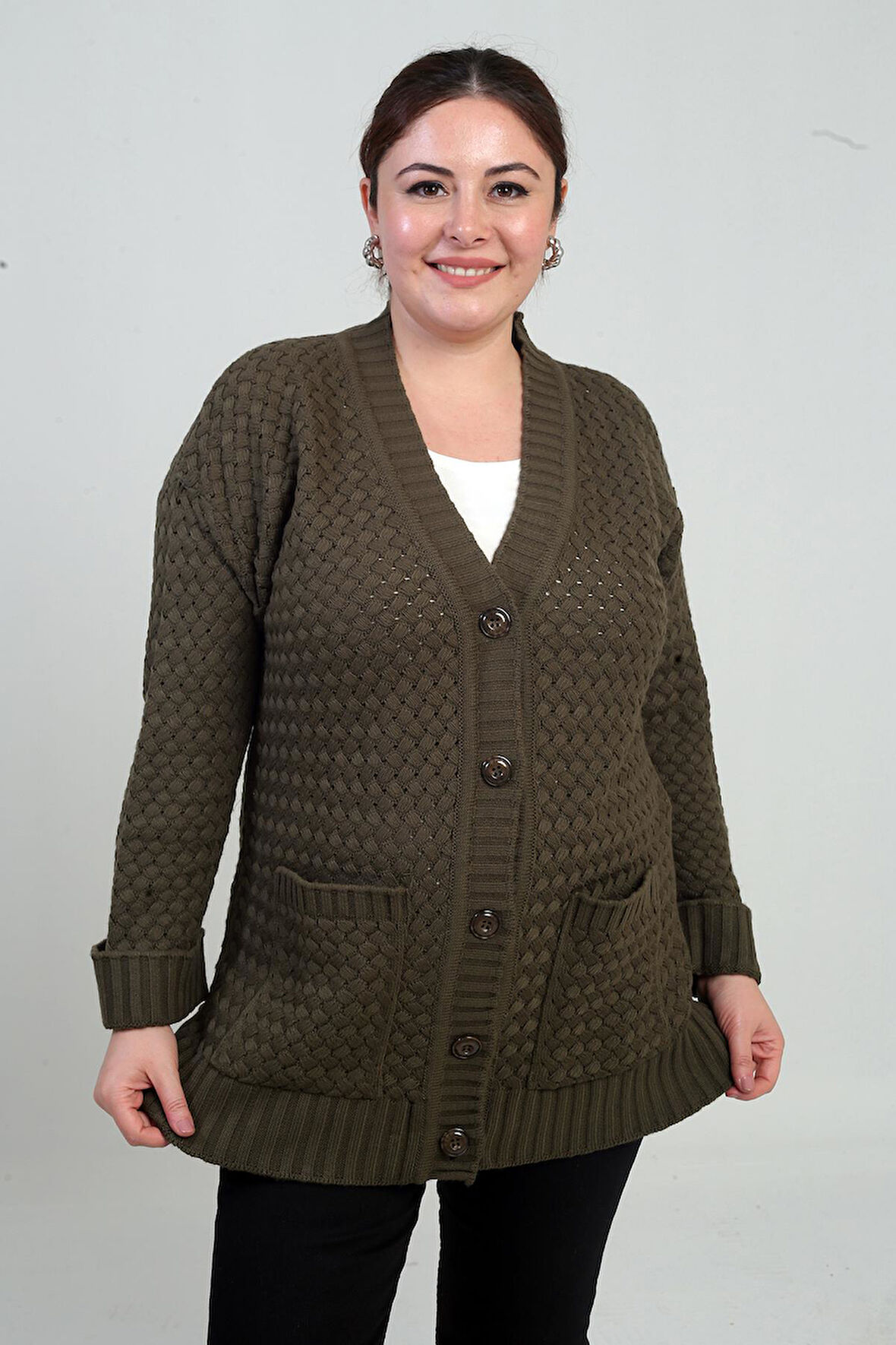 Kadın Sepet Örgü Model Cepli Tunik Hırka