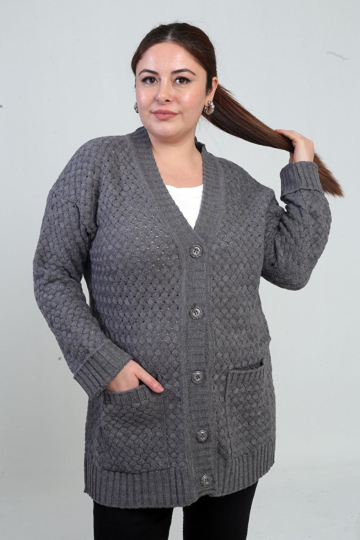 Kadın Sepet Örgü Model Cepli Tunik Hırka