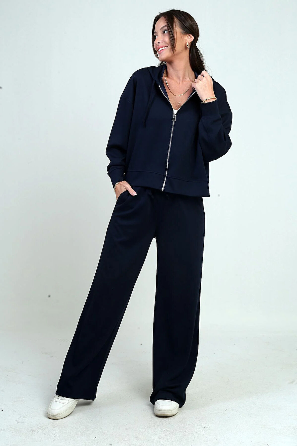 Kadın Kapüşonlu Fermuarlı Hırka Beli Lastikli Cepli Palazzo Pantolon Osyho 2'li Takım