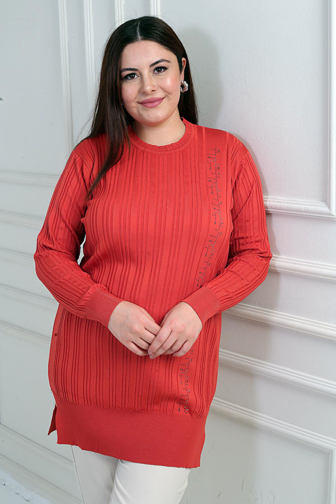 Kadın Yanı Taş Detaylı Büyük BedenTunik Bluz