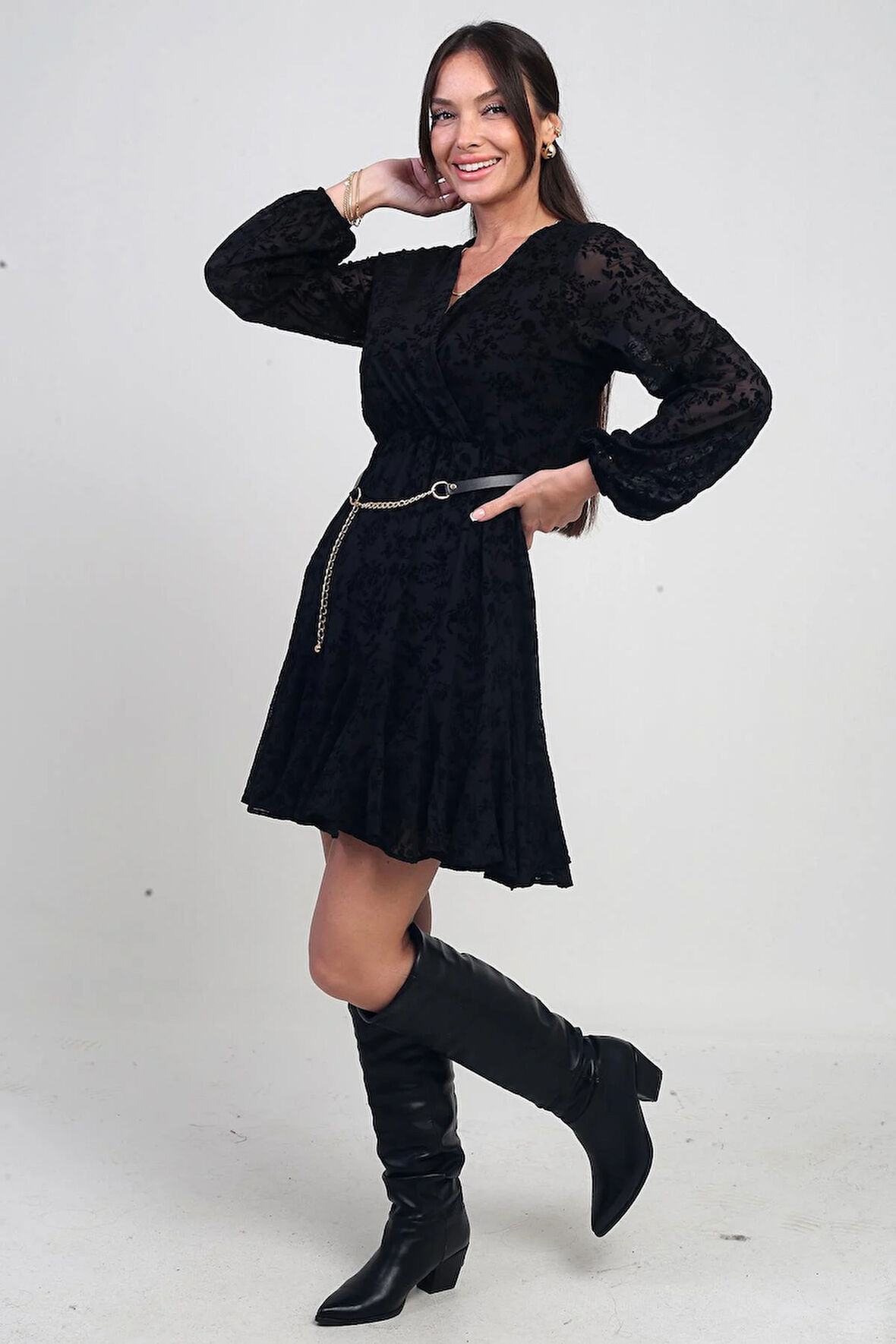 Kadın Kruvaze Yaka Astarlı Flok Baskılı Kısa Tül Elbise