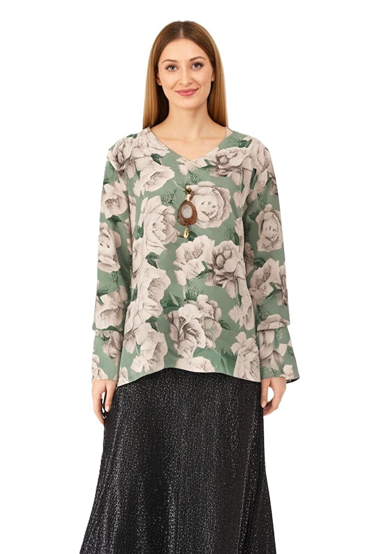 Oppland Kadın Klasik Şifon Anne Bluz Viskoz Kumaş Gül Desenli Kolyeli Uzun Kollu Astarlı Tam Kalıp