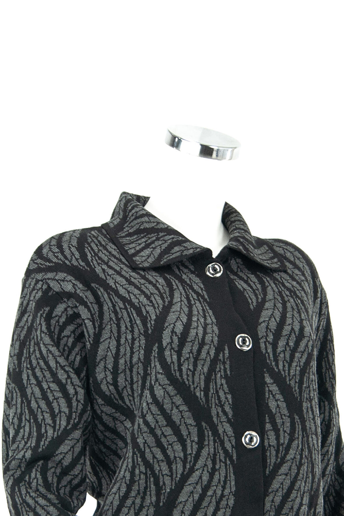 Oppland Kadın Füme Kışlık Motifli Düğmeli Cepli Rahat Kesim Likralı Yünlü Dokuma Anne Hırka