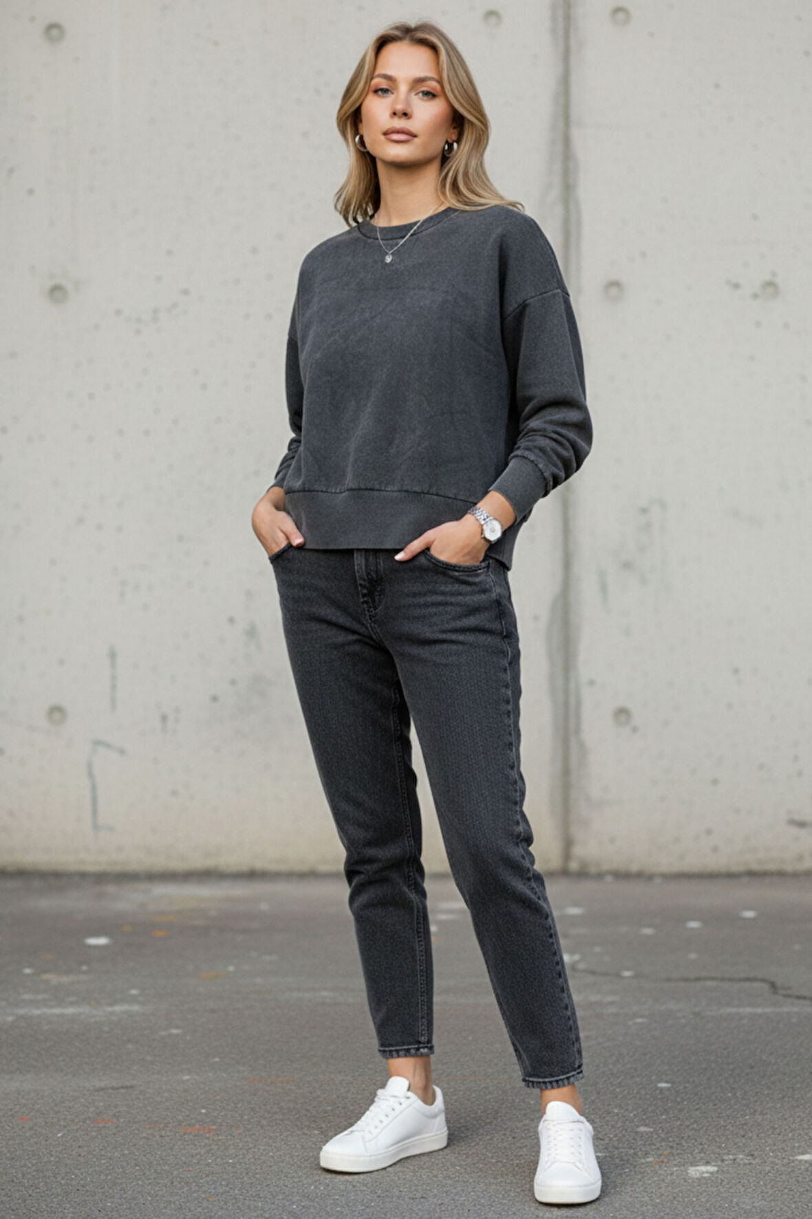 Kadın Füme Bisiklet Yaka Taş Yıkama Pamuklu Rahat Kesim Sweatshirt - Kadın Sweatshirt 