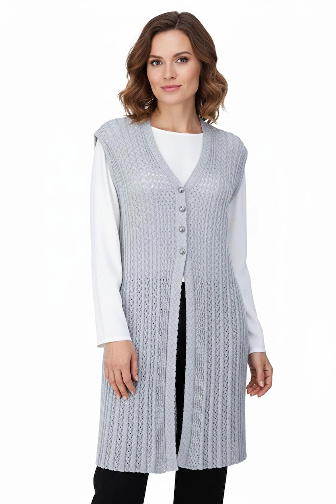 Oppland Kadın Pamuklu Rölaks Örme Anne Yelek V Yaka Ressam Motifli Delikli Üç Düğmeli Likralı