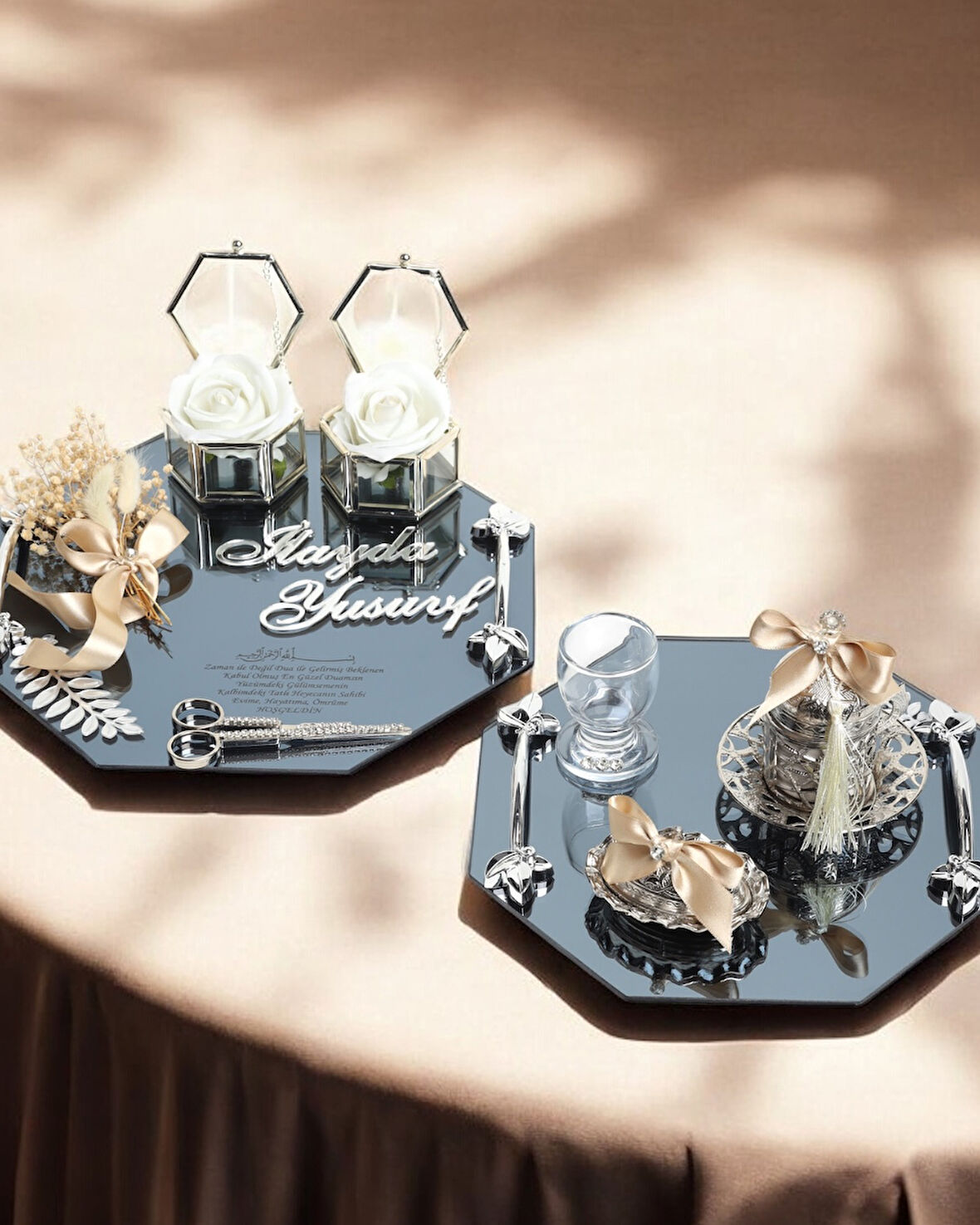 Affinity Sekizgen Gümüş Söz Nişan Tepsisi ve Damat Kahve Fincan Tepsisi