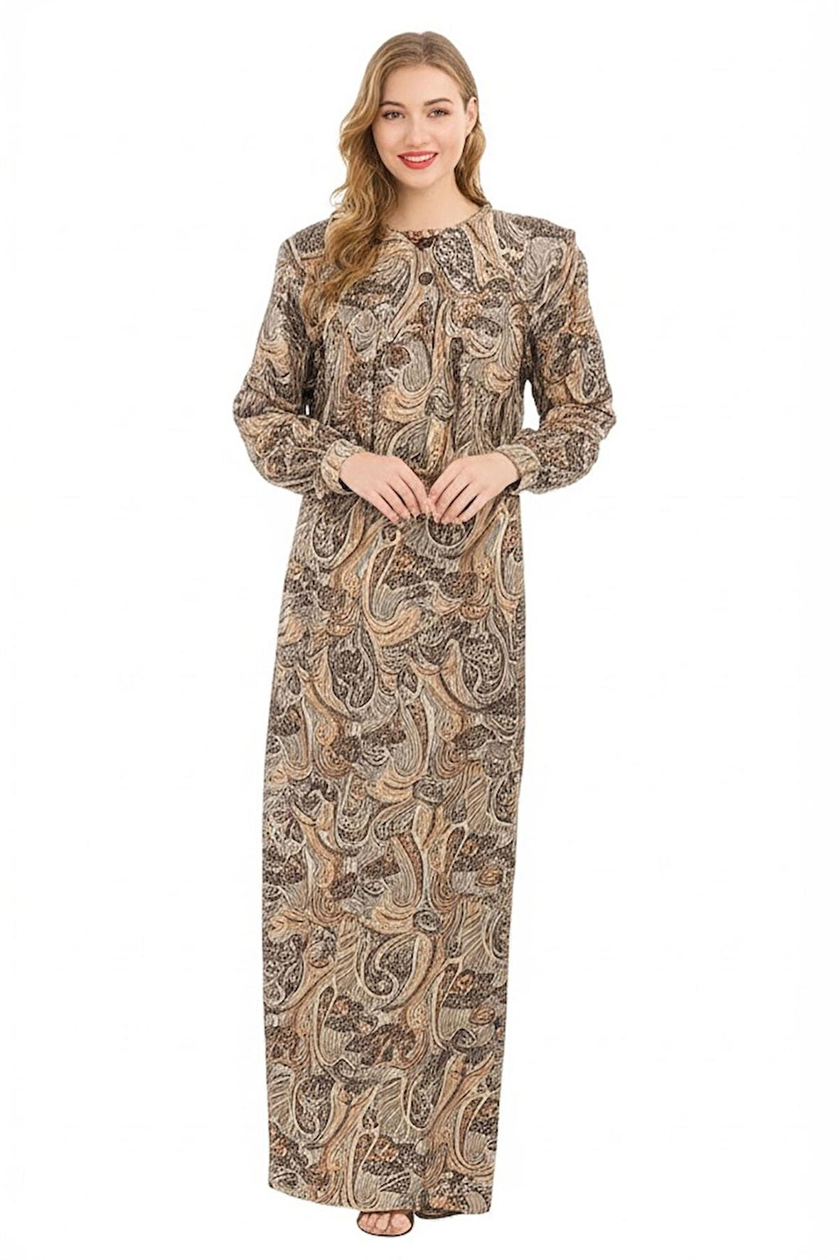 Oppland Kadın Klasik Boydan Anne Elbise Dokuma Viskon Kumaş Baharım Desenli Vatkalı Robalı Tam Kalıp