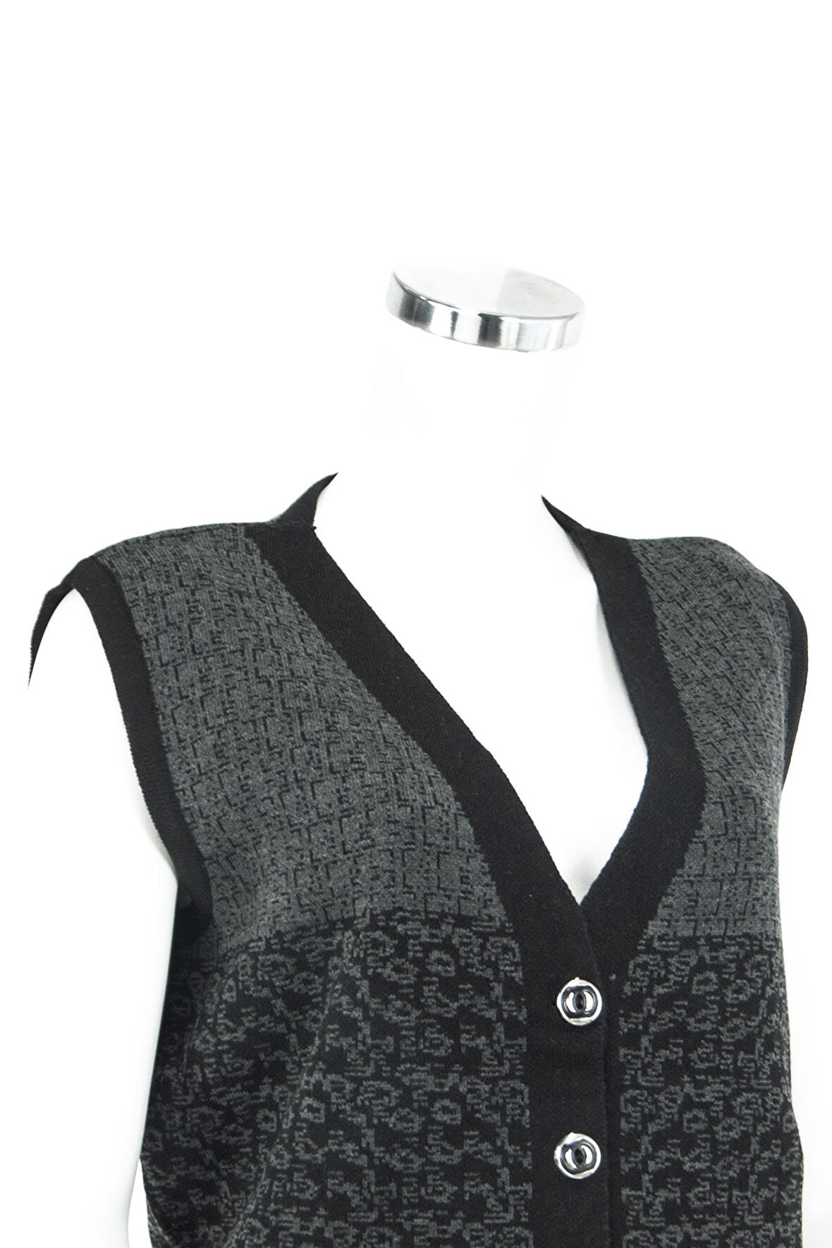 Oppland Kadın Füme Kışlık Motifli Düğmeli Çift Cepli Normal Kesim Likralı Yünlü Kumaş Anne Yelek