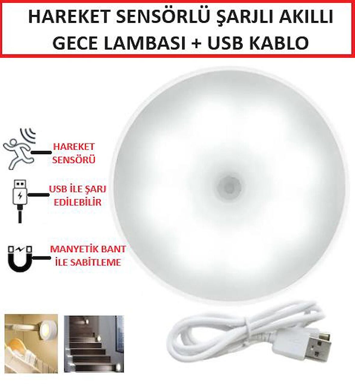 Gece Lambası Hareket Sensörlü Akıllı USB Şarjlı Led Işık Lamba Ev Oda Mutfak Dolap Işığı