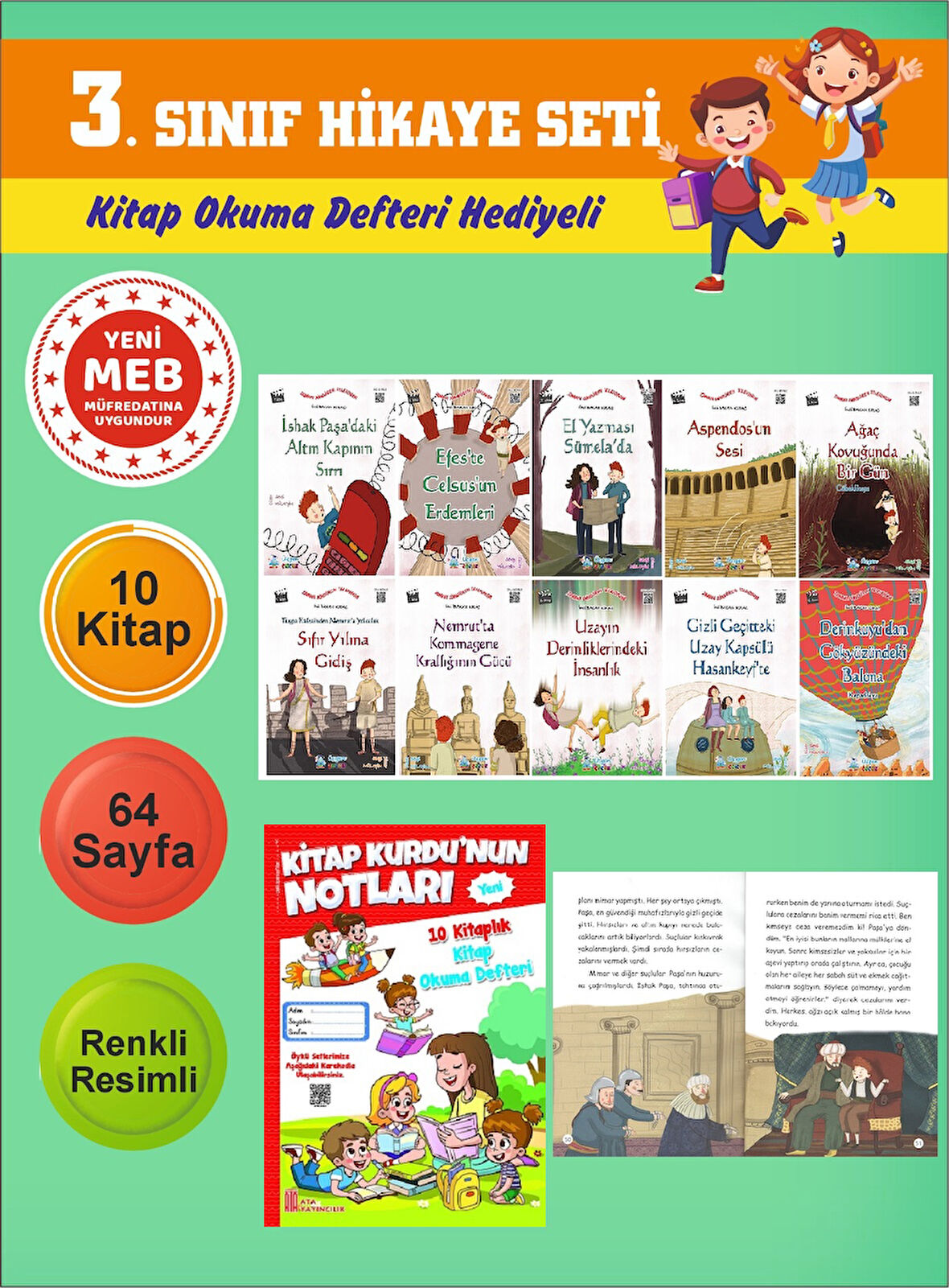 3.Sınıflar İçin Okumayı Sevdiren 10 lu Hikaye Seti 3 (Kitap Okuma Defteri Hediyeli)
