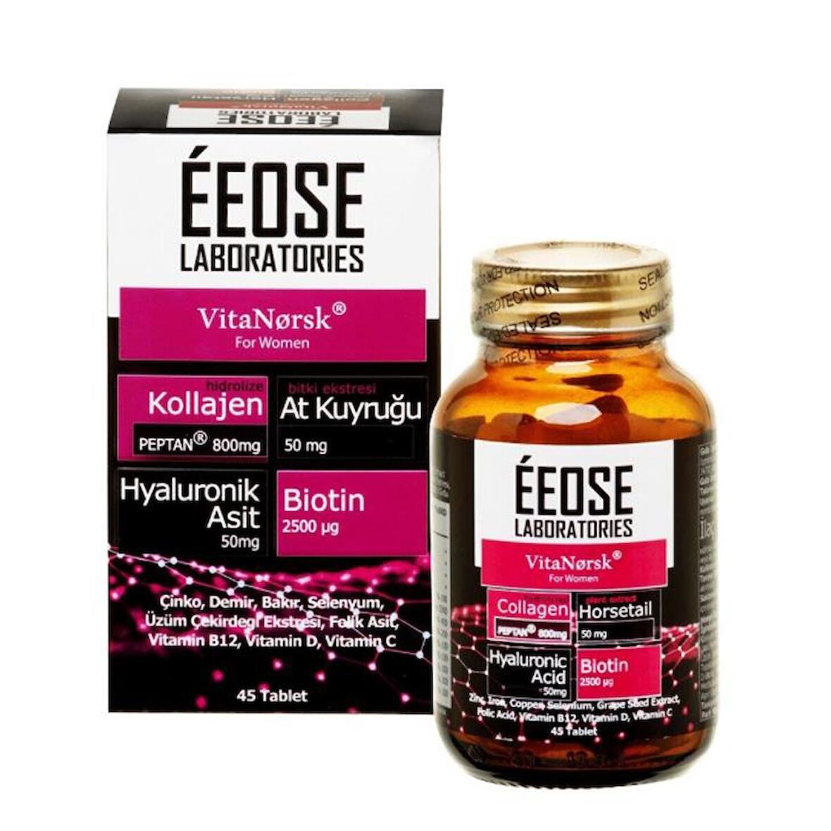 Eeose Collagen 45 Tablet (Kadınlar İçin) Kollajen + Hyaluronik Asit + Atkuyruğu + Biotin + C Vitamini