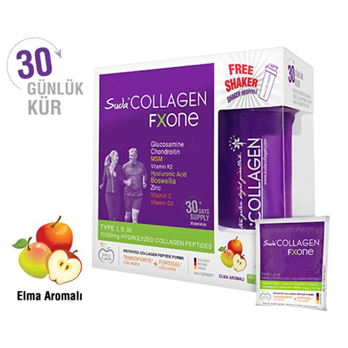 Suda Collagen Fxone Takviye Edici Gıda Elma Aromalı 30 x 13 gr - Toz Saşe