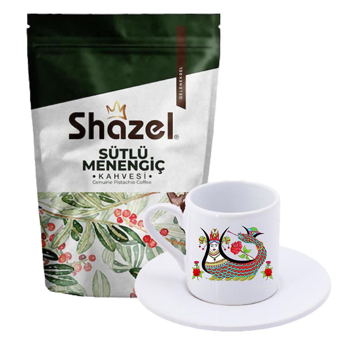 Shazel 200 gr Türk Kahvesi + Şahmeran Desenli Türk Kahvesi Fincanı 
