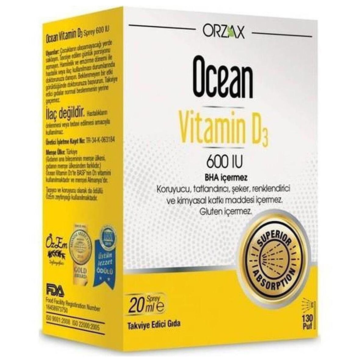 Orzax Ocean Vitamin D3 600 IU Sprey 20ml