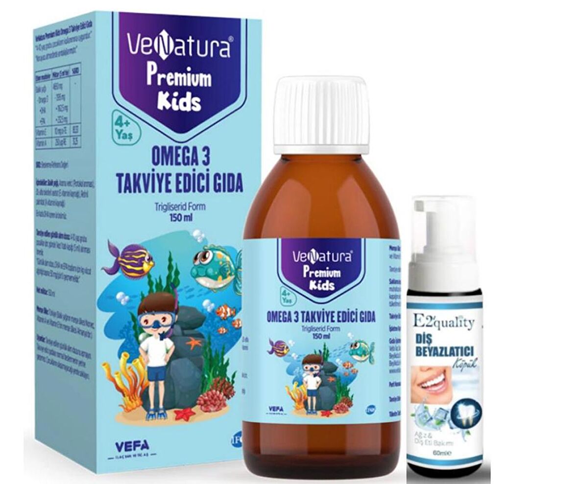 VeNatura Kids Premium Omega 3 Takviye Edici Gıda 150 ml  - Diş Beyazlatıcı Köpük Hediye 