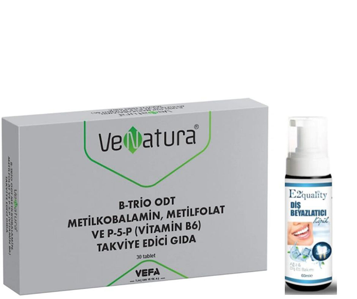 VeNatura B-Trio ODT Metilkobalamin, Metilfolat ve P-5-P Takviye Edici Gıda 30 Tablet  - Diş Beyazlatıcı Köpük Hediye 