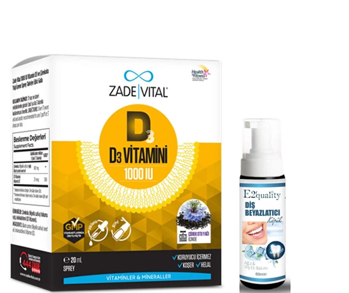 Zade Vital 1000IU D3 Vitamini ve Çörek Otu Yaği İçeren Sprey 20 ml - Diş Beyazlatıcı Köpük Hediye 