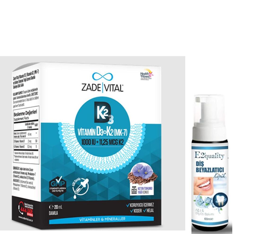 Zade Vital Vitamin D3K2 ve Keten Tohumu İçeren Damla 20 ml - Diş Beyazlatıcı Köpük Hediye 