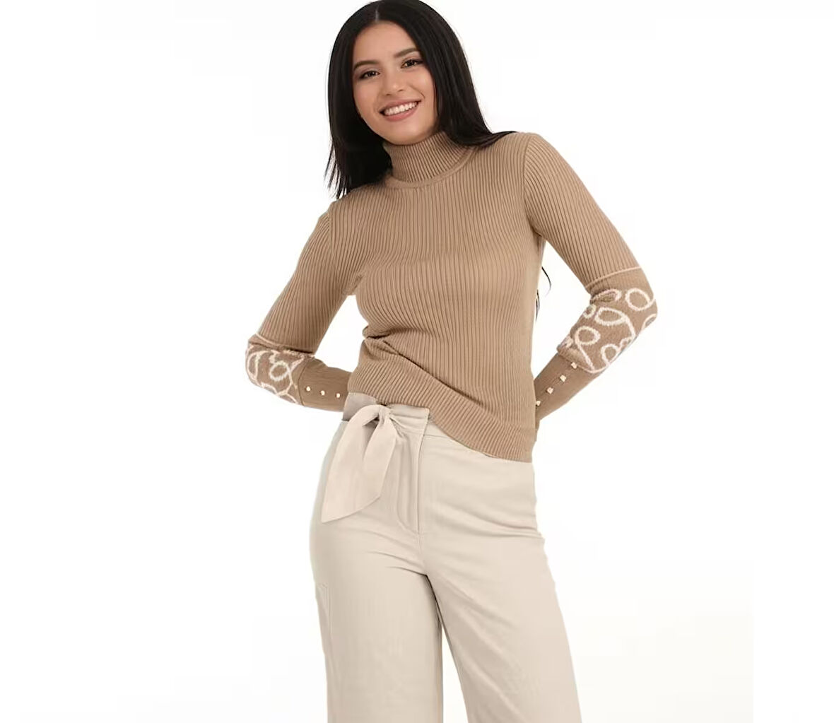 Kadın Kışlık Kolları Şık Boncuklu Tam Boğazlı Yaka Bedene Oturan Örme Triko Badi Kazak