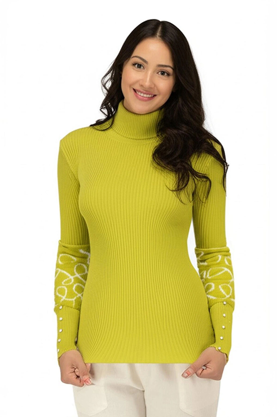 Kadın Kışlık Kolları Şık Boncuklu Tam Boğazlı Yaka Bedene Oturan Örme Triko Badi Kazak