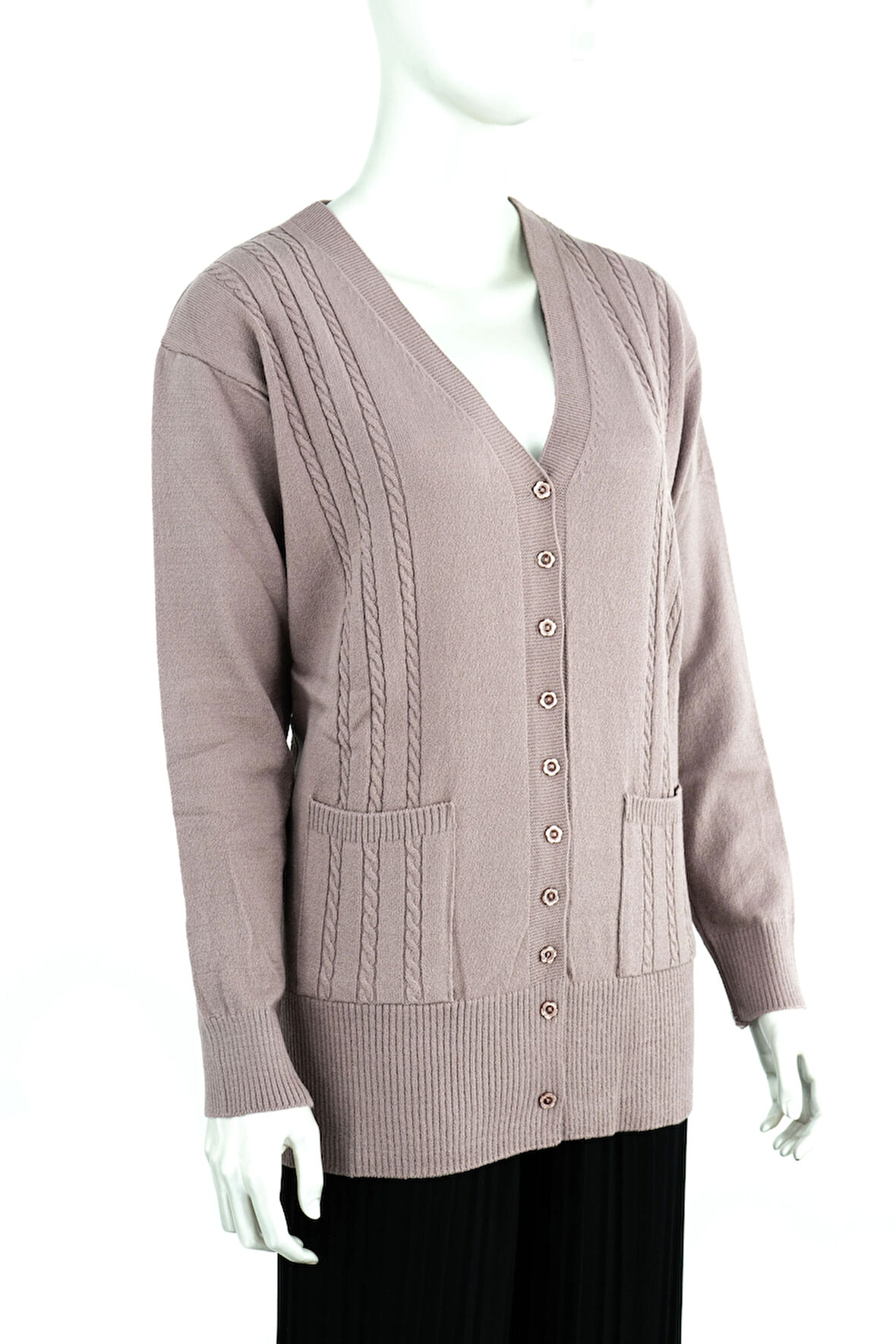 Oppland Kadın Kışlık Örgü Desenli Düğmeli Çift Cepli Uzun Kol Likralı Kardelen Dokuma Anne Hırka