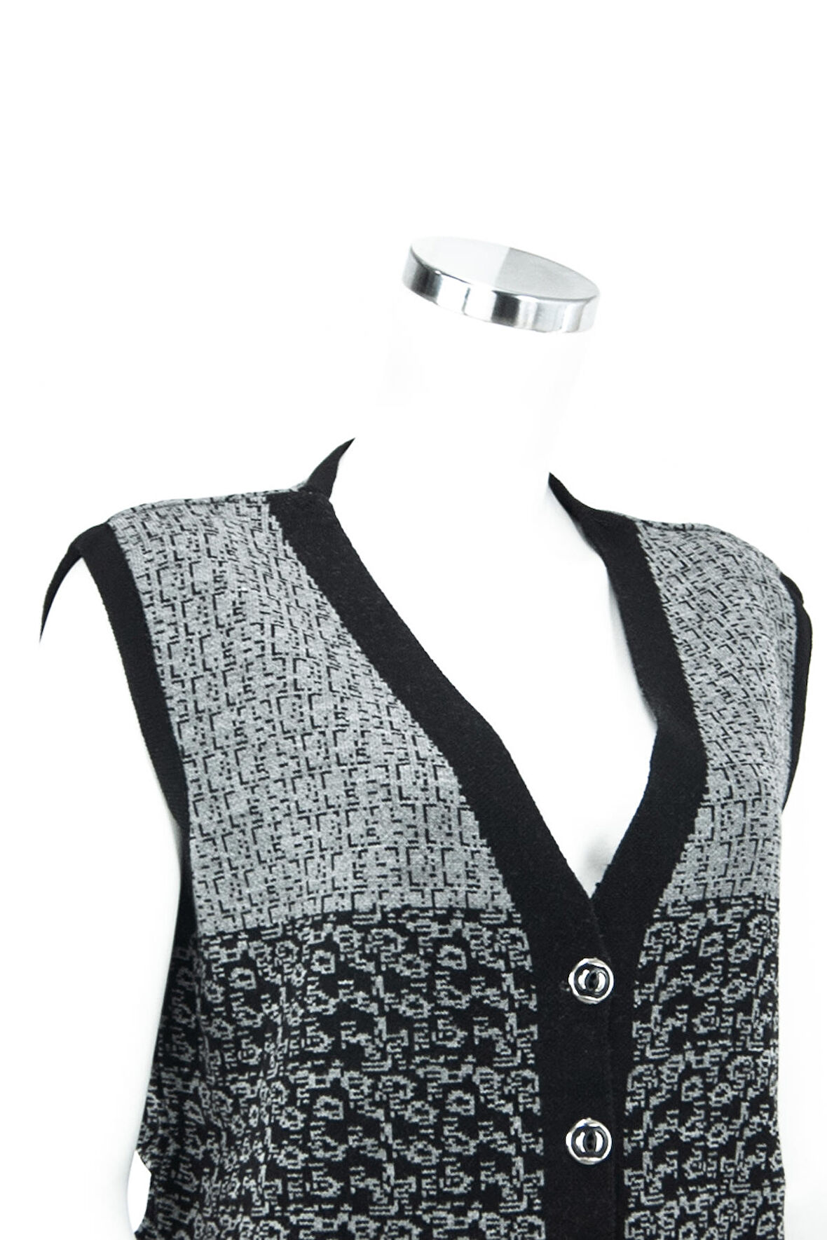 Oppland Kadın Gri Kışlık Motifli Düğmeli Cepli Normal Kesim Likralı Yünlü Dokuma Kumaş Anne Yelek