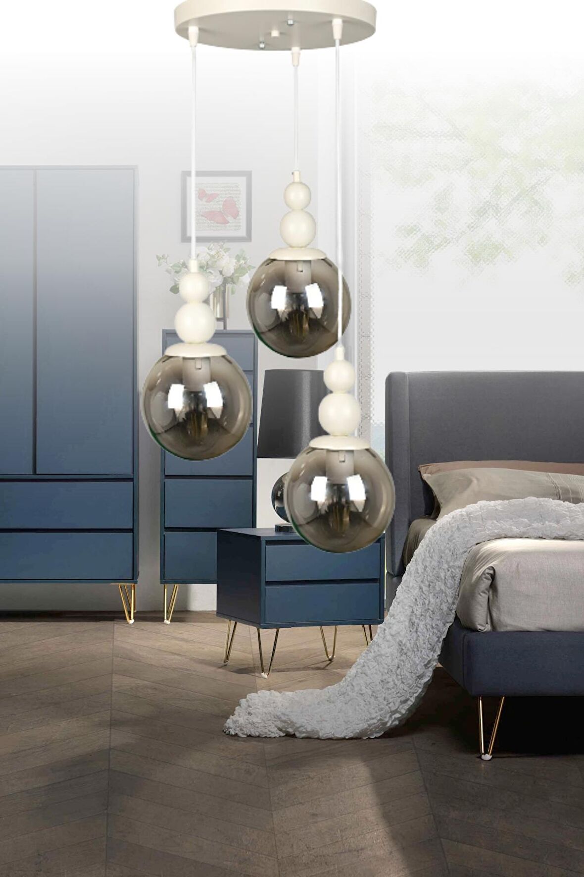 Venüs 3'lü Sarkıt Model Beyaz/Füme - Hakiki Cam- Oturma Odası- Salon- Yatak Odası Modern Avize
