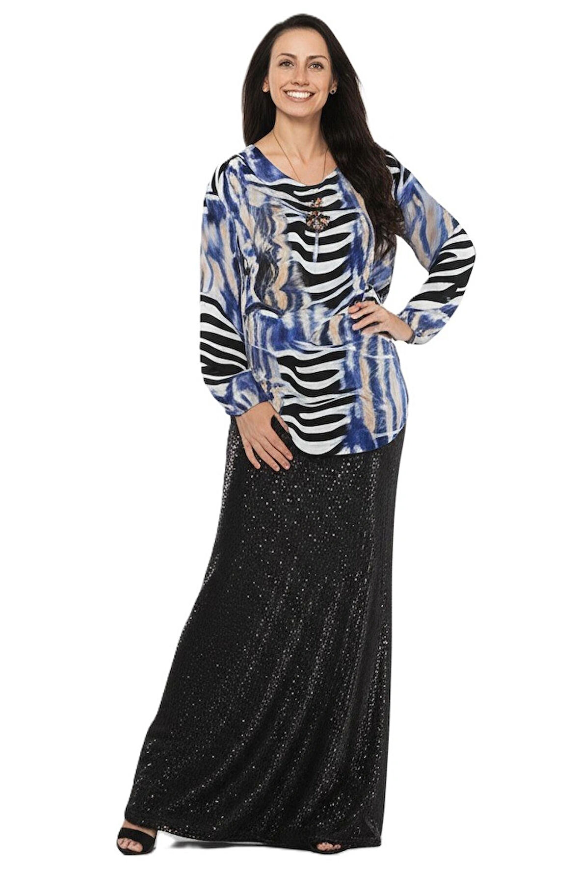 Oppland Kadın Klasik Şifon Anne Bluz Viskoz Kumaş Deniz Desenli Kolyeli Uzun Kollu Astarlı Tam Kalıp