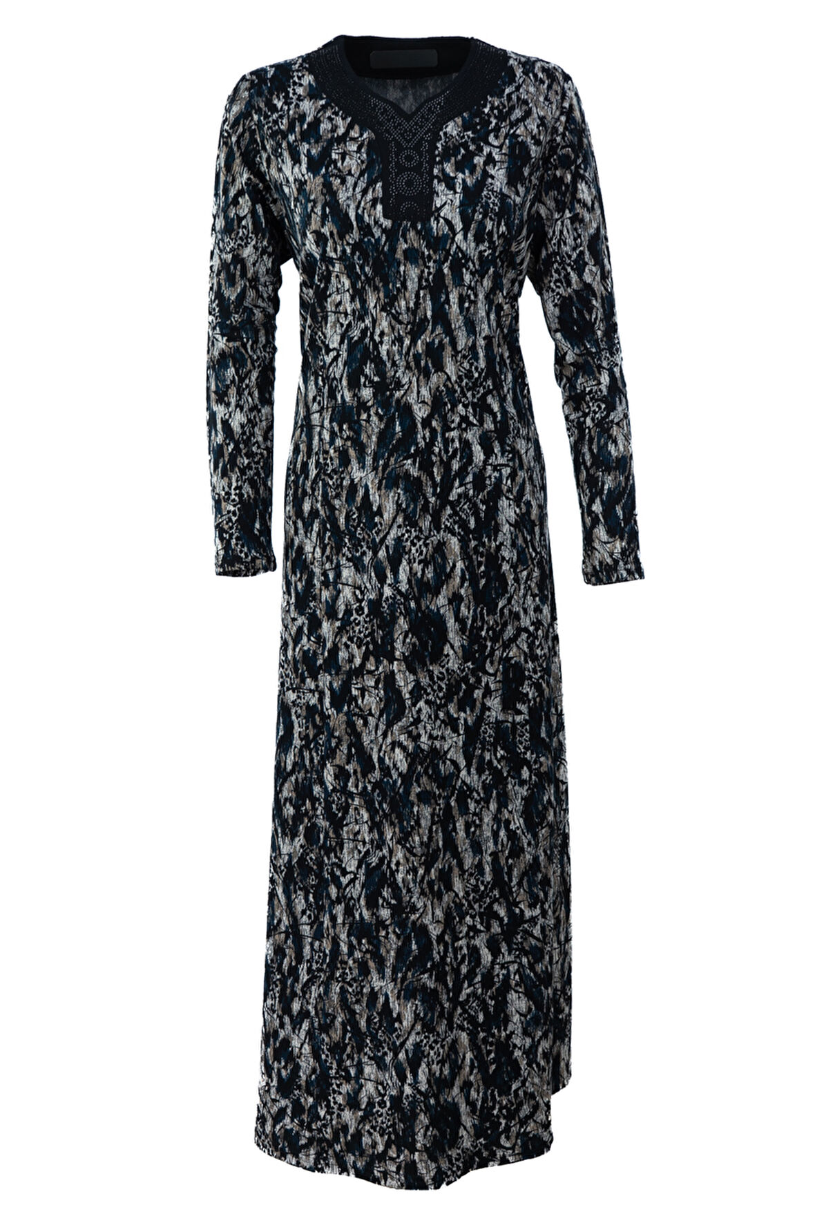 Oppland Kadın Anne Boydan Elbise Viskon Kumaş Taşlı ve Simli V Yaka Saraylı Model Rahat Tam Kalıp