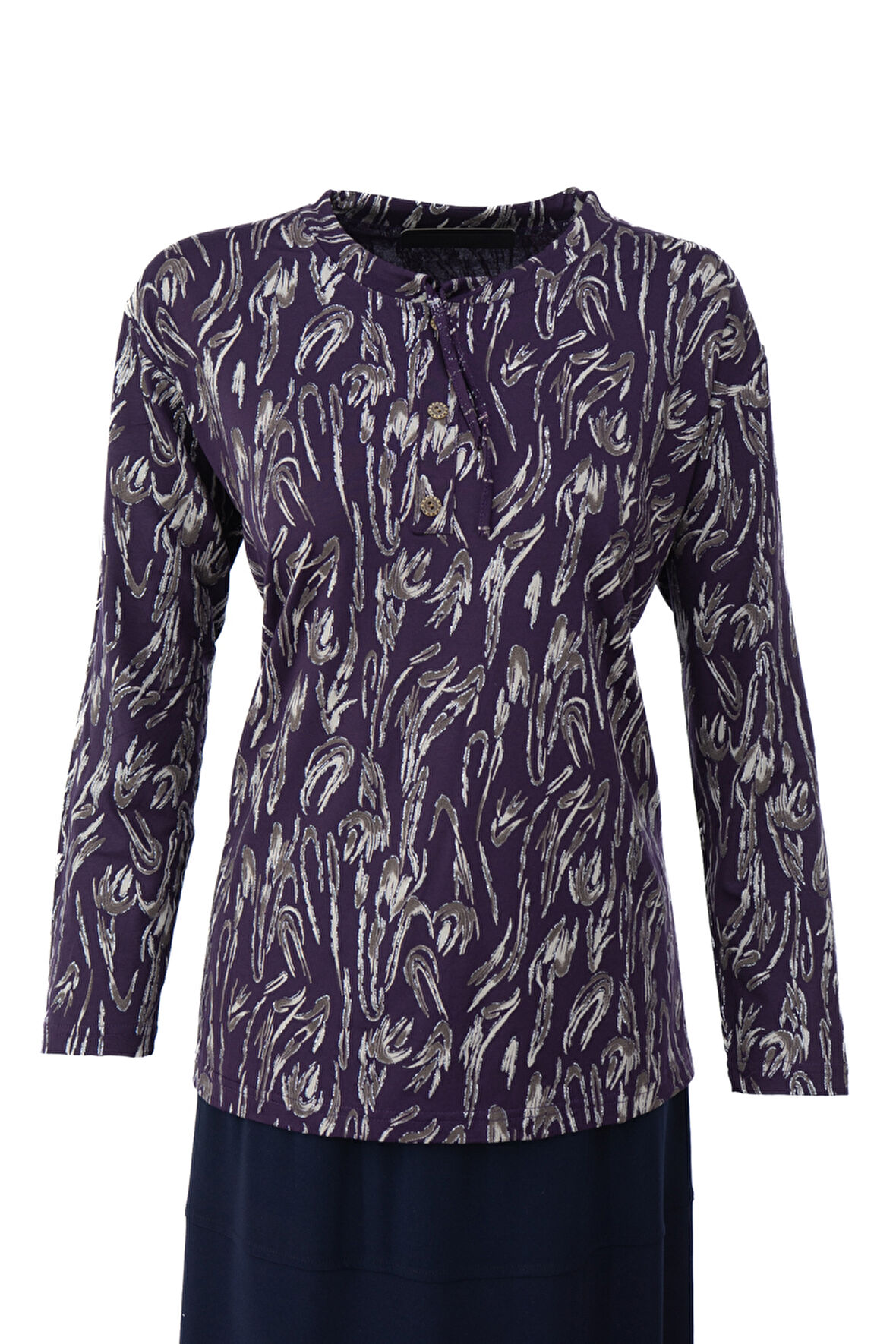 Oppland Kadın Bluz Viskon Penye Kumaş Bağcık Yakalı Simli Model Uzun Kollu Likralı Rahat Tam Kalıp