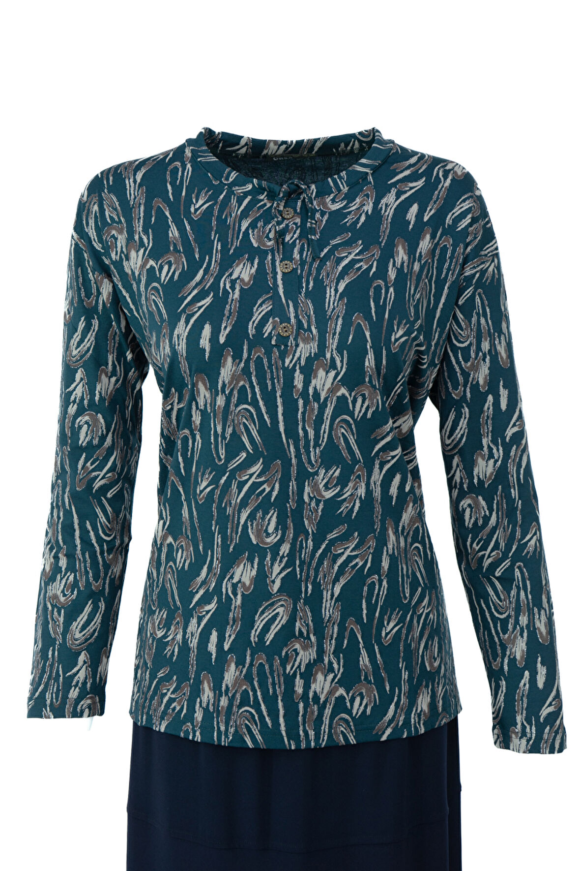 Oppland Kadın Bluz Viskon Penye Kumaş Bağcık Yakalı Simli Model Uzun Kollu Likralı Rahat Tam Kalıp