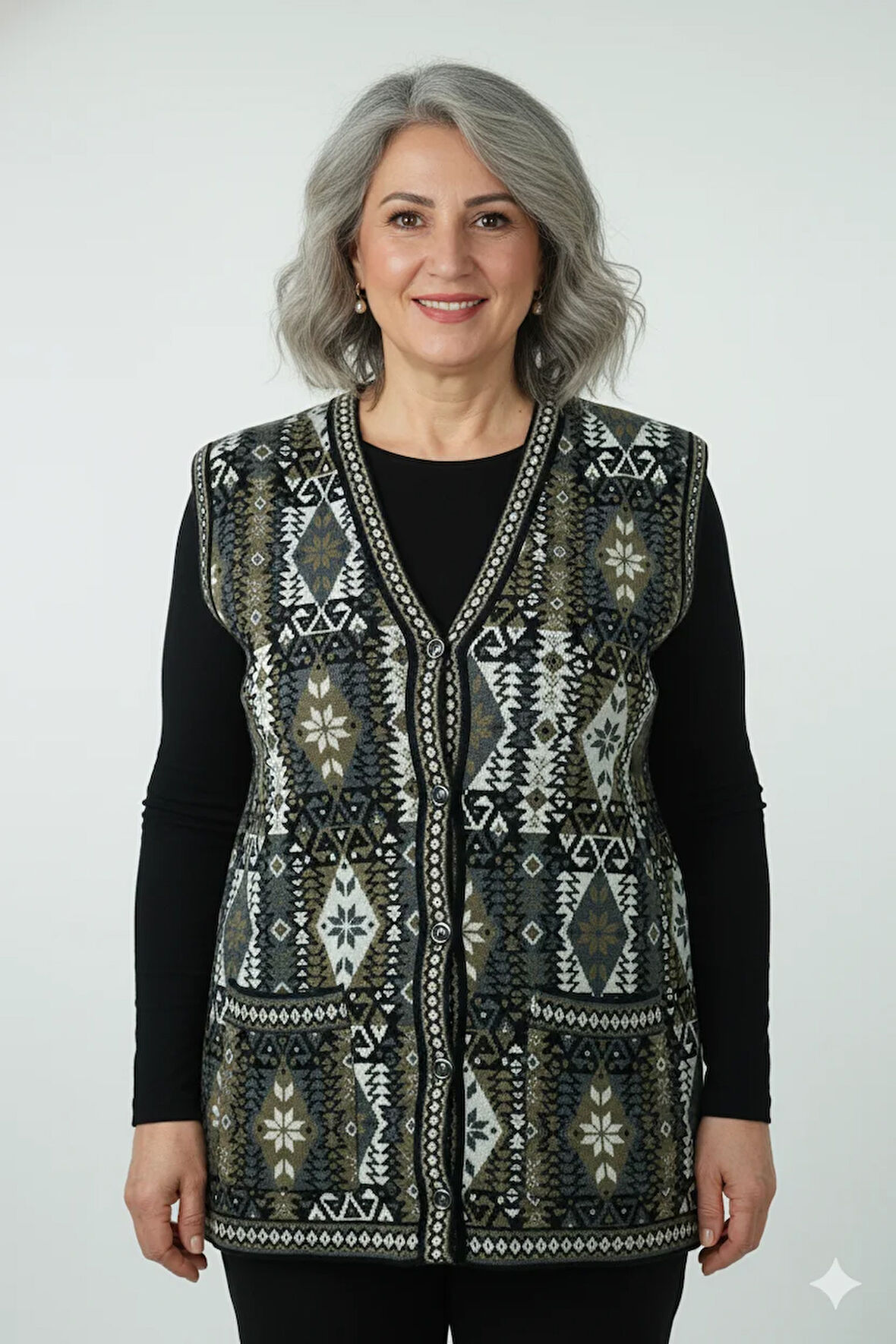 Oppland Kadın Kışlık Anne Yelek Pamuklu Triko Örme Etnik Desenli Cepli Düğmeli Rahat Tam Kalıp