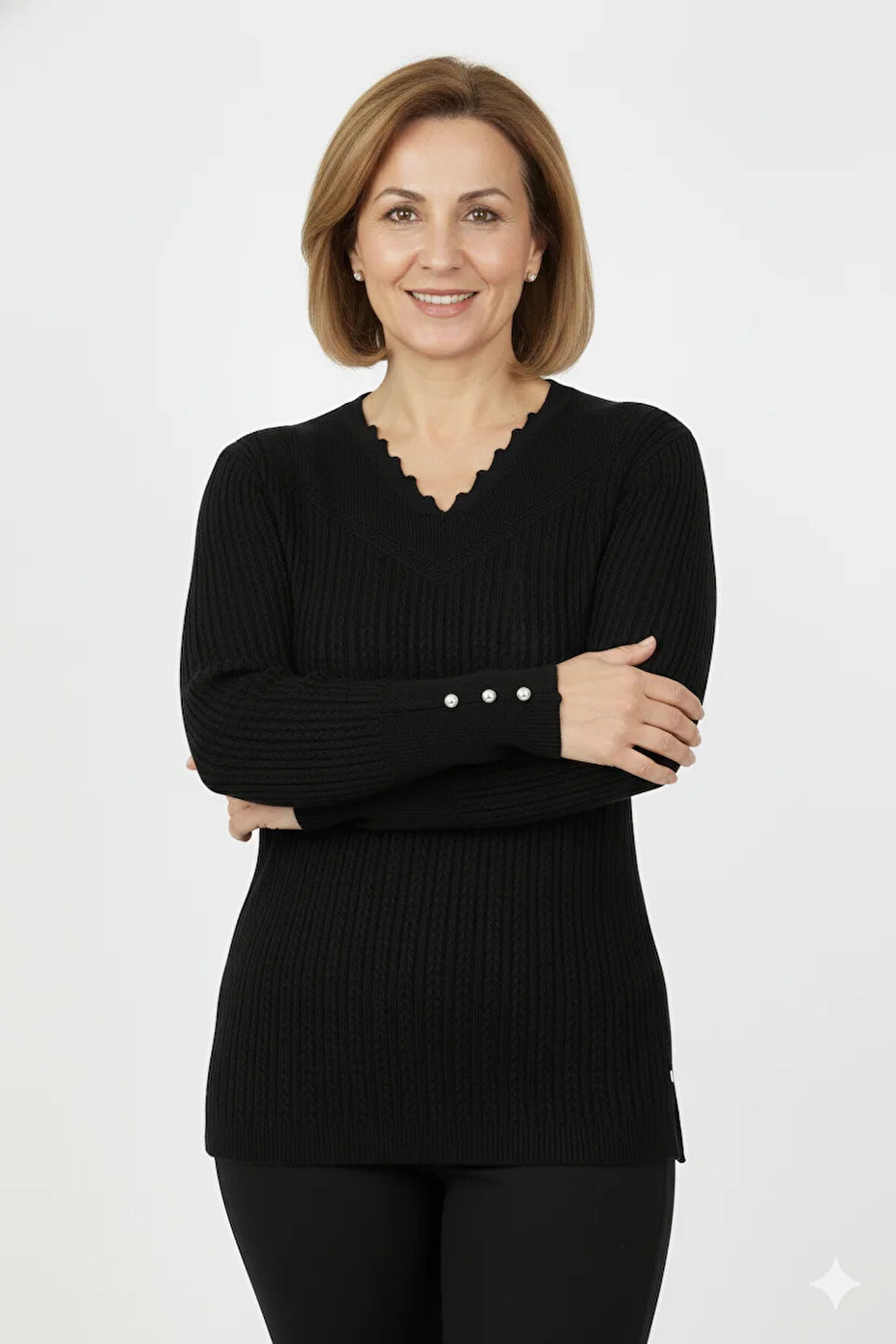 Oppland Kadın Kışlık Anne Kazak V Yaka Pamuklu Kardelen Örme Esnek Rahat Kesim Tam Kalıp