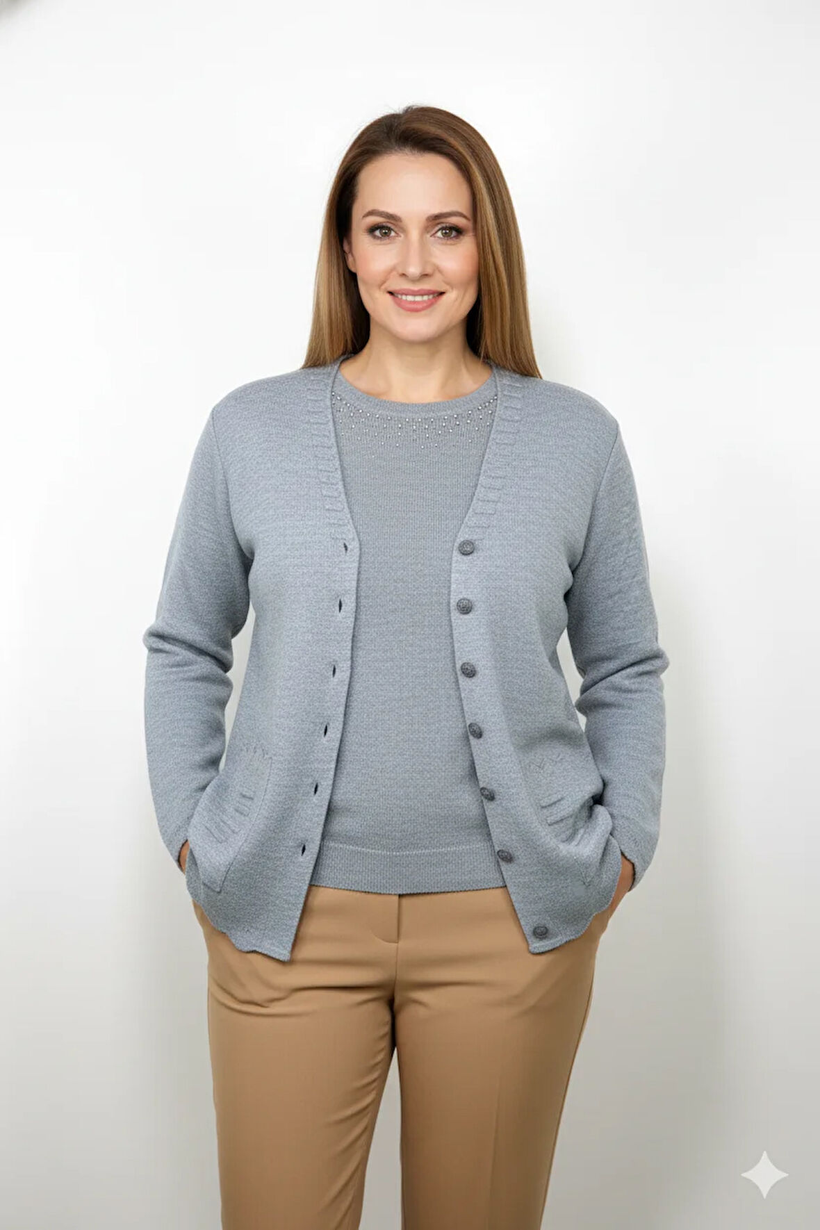 Oppland Kadın Anne Hırka Premium Pamuklu Doku Çift Cepli Önü Düğmeli Şık ve Zarif Dalga Motifli