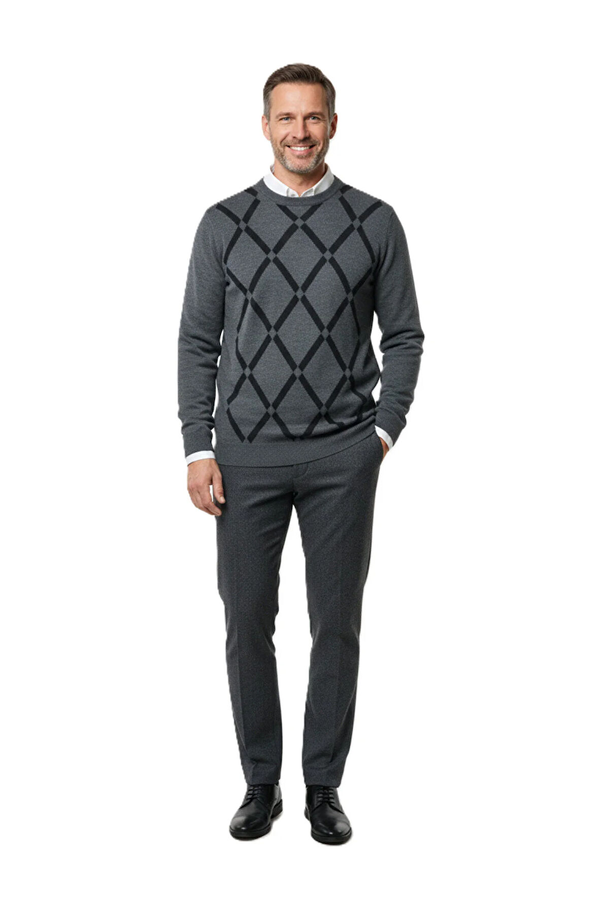 Erkek Kışlık Kazak Rahat Kesim Bisiklet Yaka Cepsiz Baklava Desenli Şık Retro Model