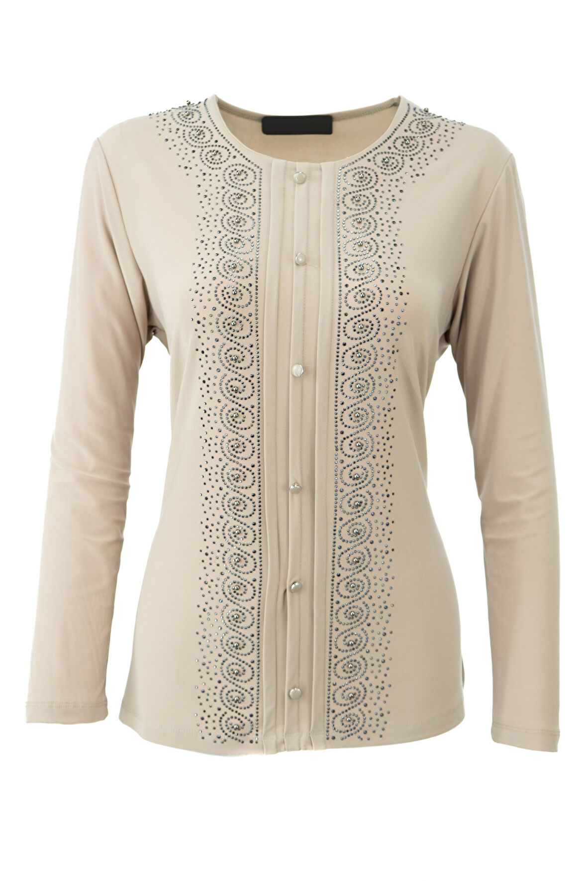 Oppland Kadın Anne Bluz Likralı Sandy Kumaş Şık ve Modern Elmasım Taşlı Yuvarlak Yakalı Rahat Kesim