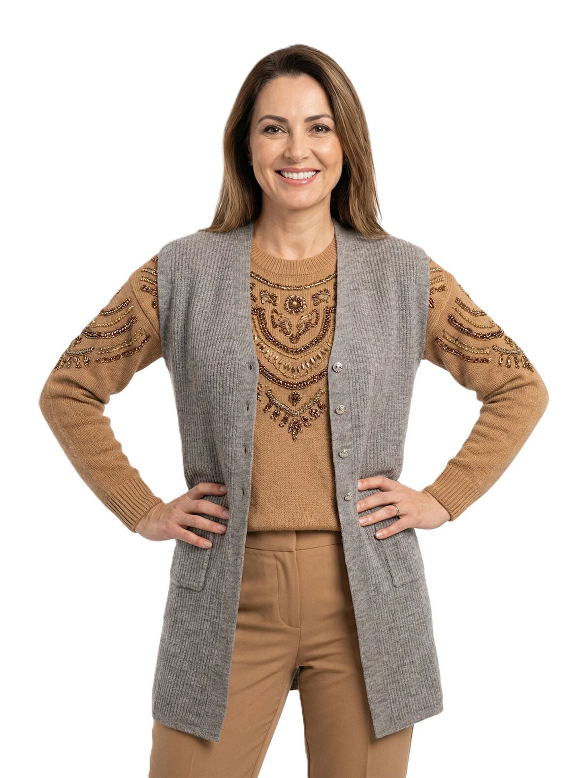 Oppland Kadın Anne Uzun Yelek Çift Cepli Önü Şık Düğmeli Fitil Doku Motifli